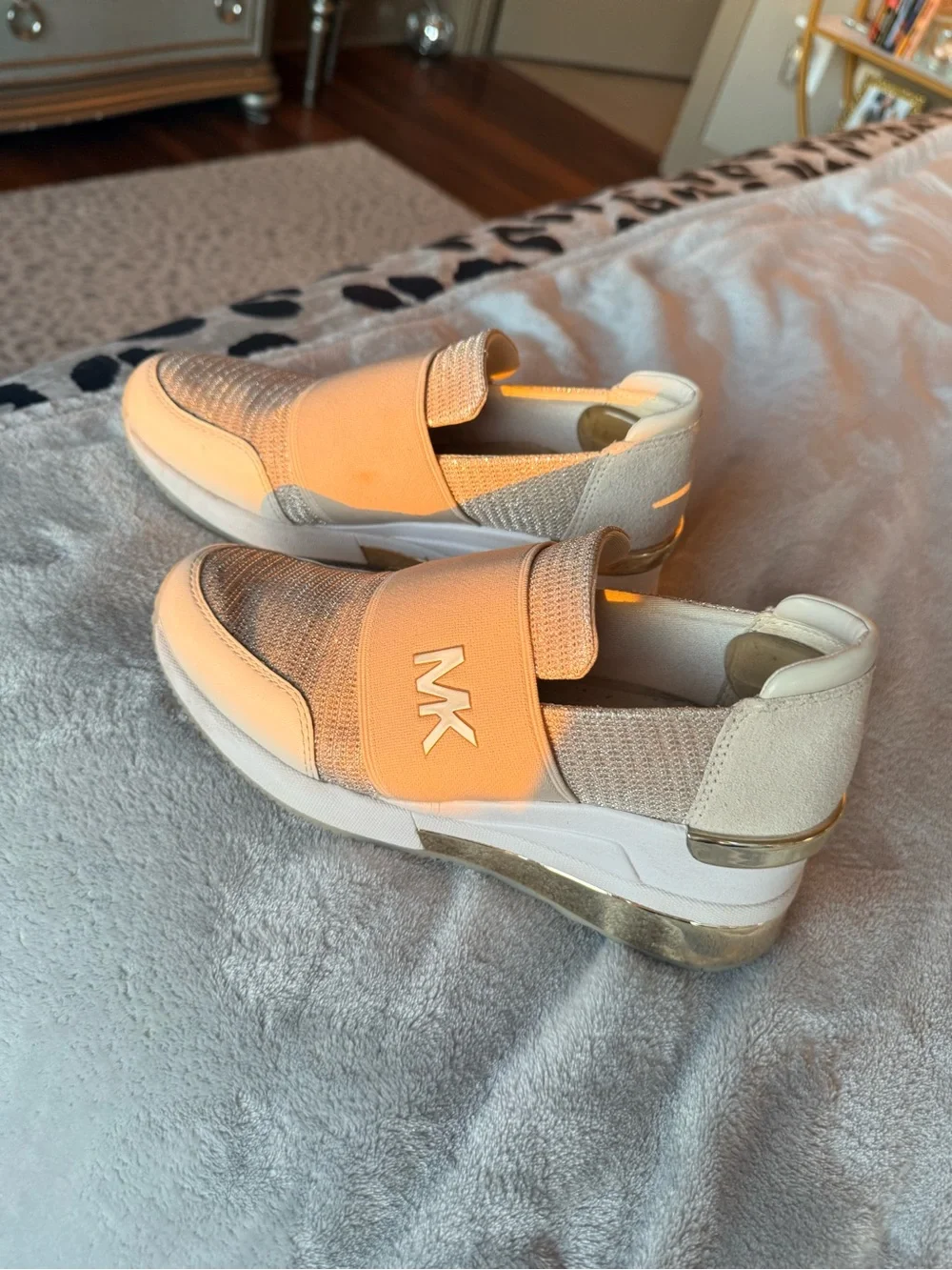 Michael Kors Beige Knit Slip-On Sneakers with Gold Accents